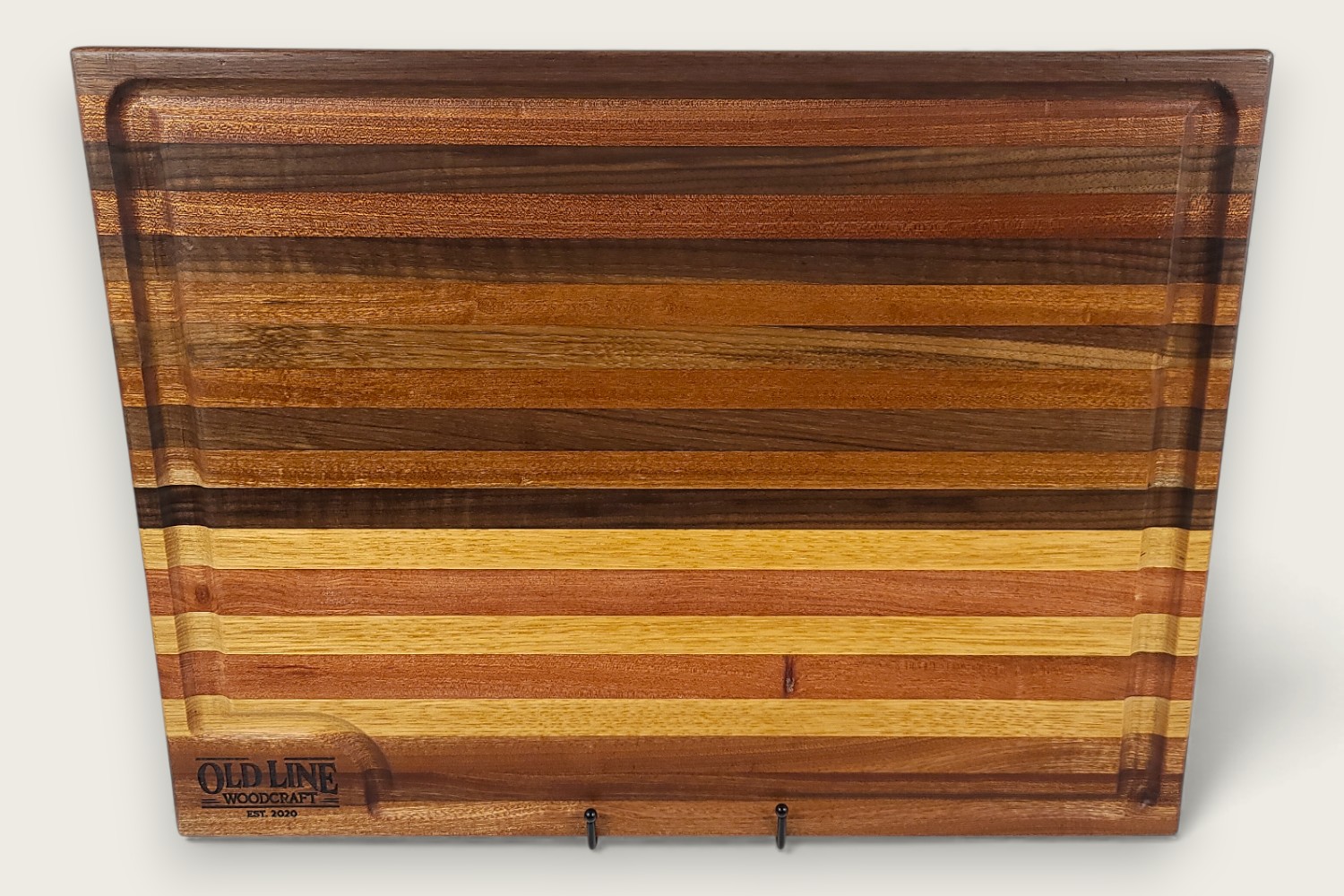 Mahogany & Walnut butcher block cutting board with edge grain, horizontal pattern, and warm reddish-brown tones.
